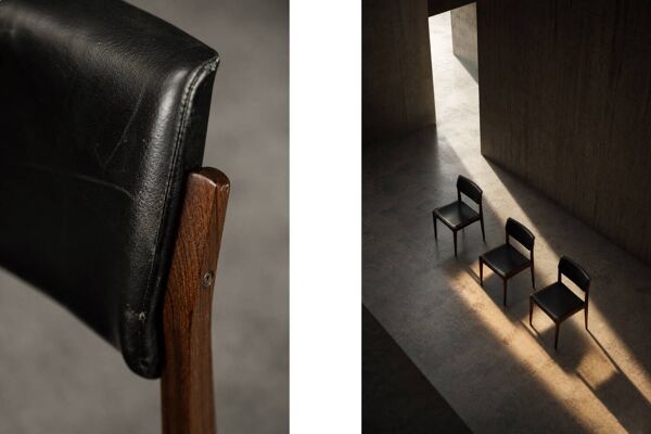 Ensemble de 3 chaises vintage danoise moderne en palissandre et cuir noir des années 50.