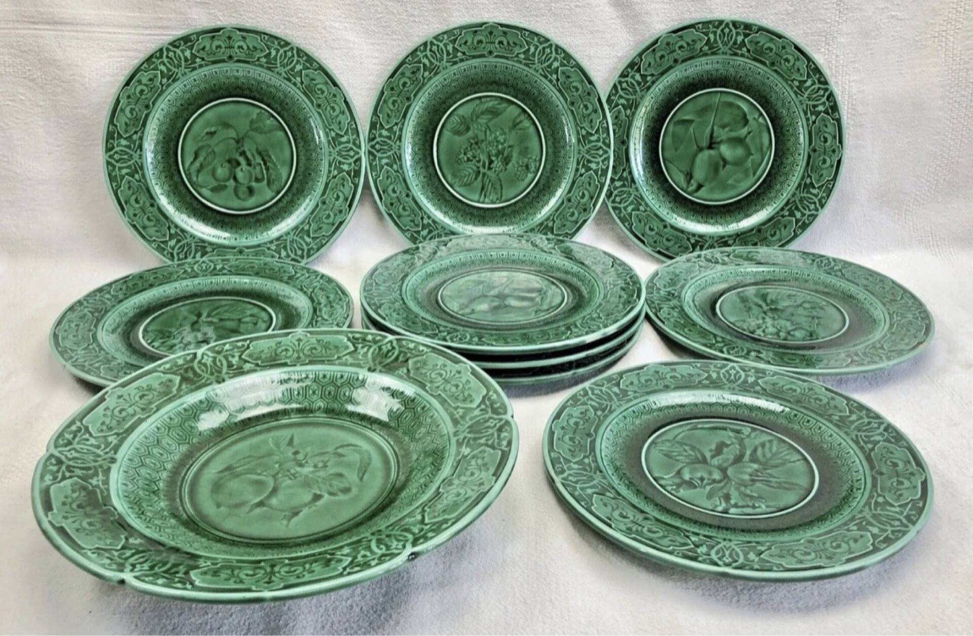 3 fruit plates Sarreguemines majolica shaded enamel Rubelles