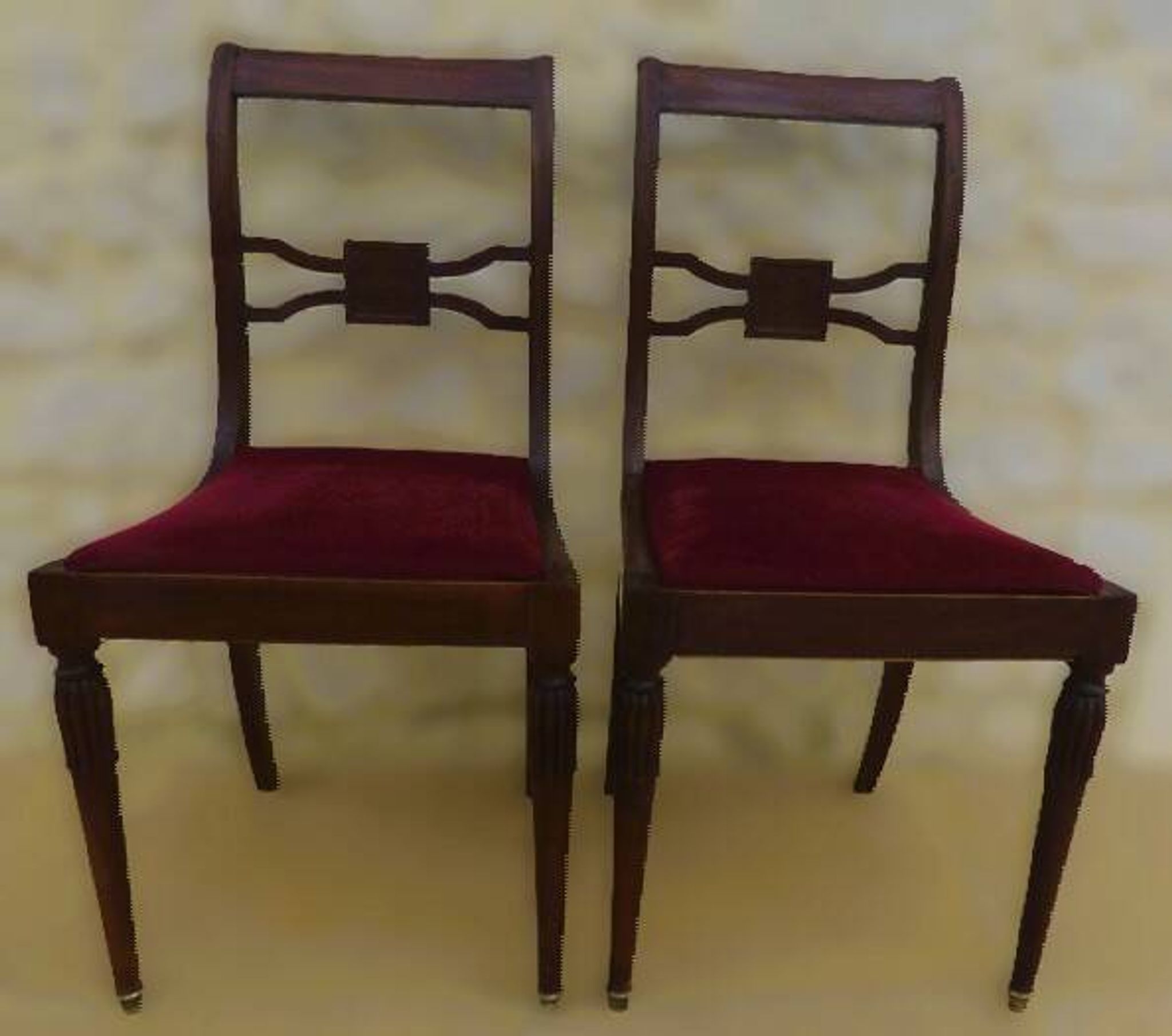 2 stylish solid wood chairs with red velvet fabric seats