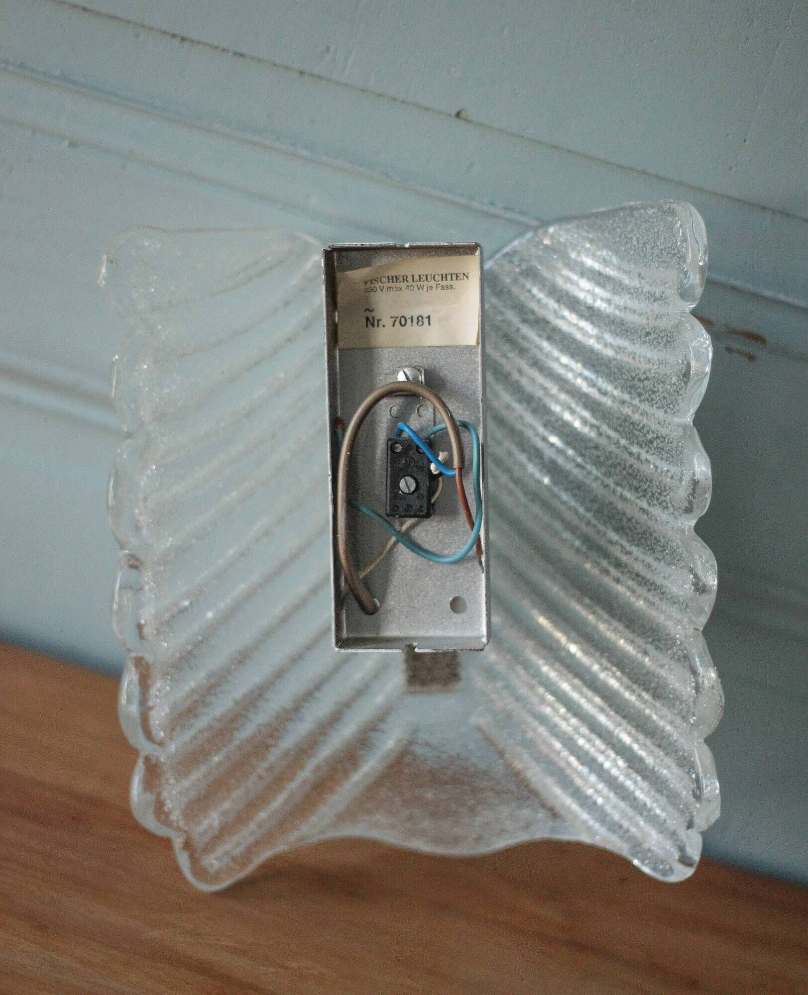 Fischer Leuchten vintage wall light, thick glass and brass wall sconce.