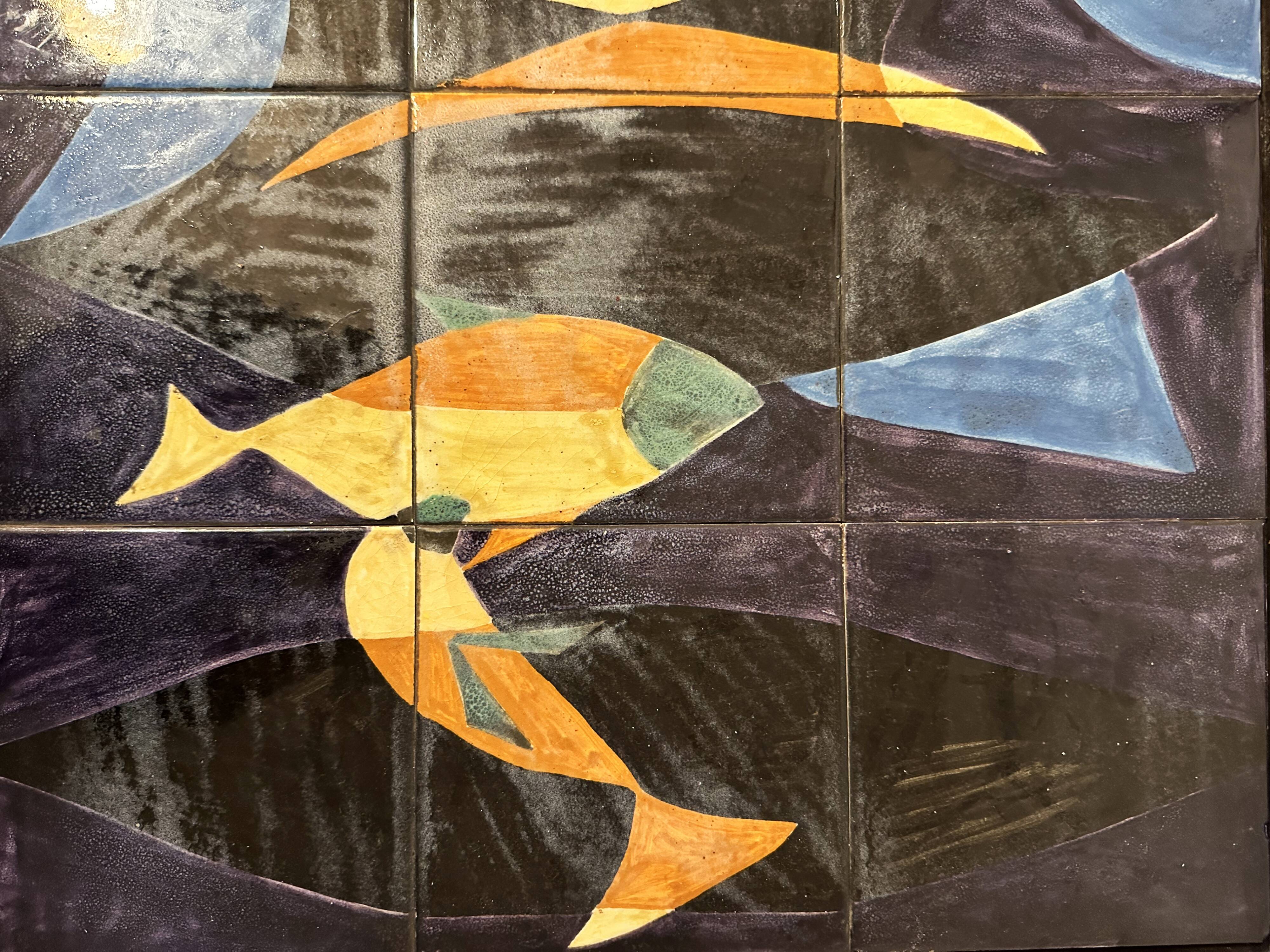 Coffee table with hand-painted ceramic top. France, 1950s