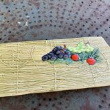 Rectangular cake dish in enameled ceramic, slip, fruit model, straw effect, vintage