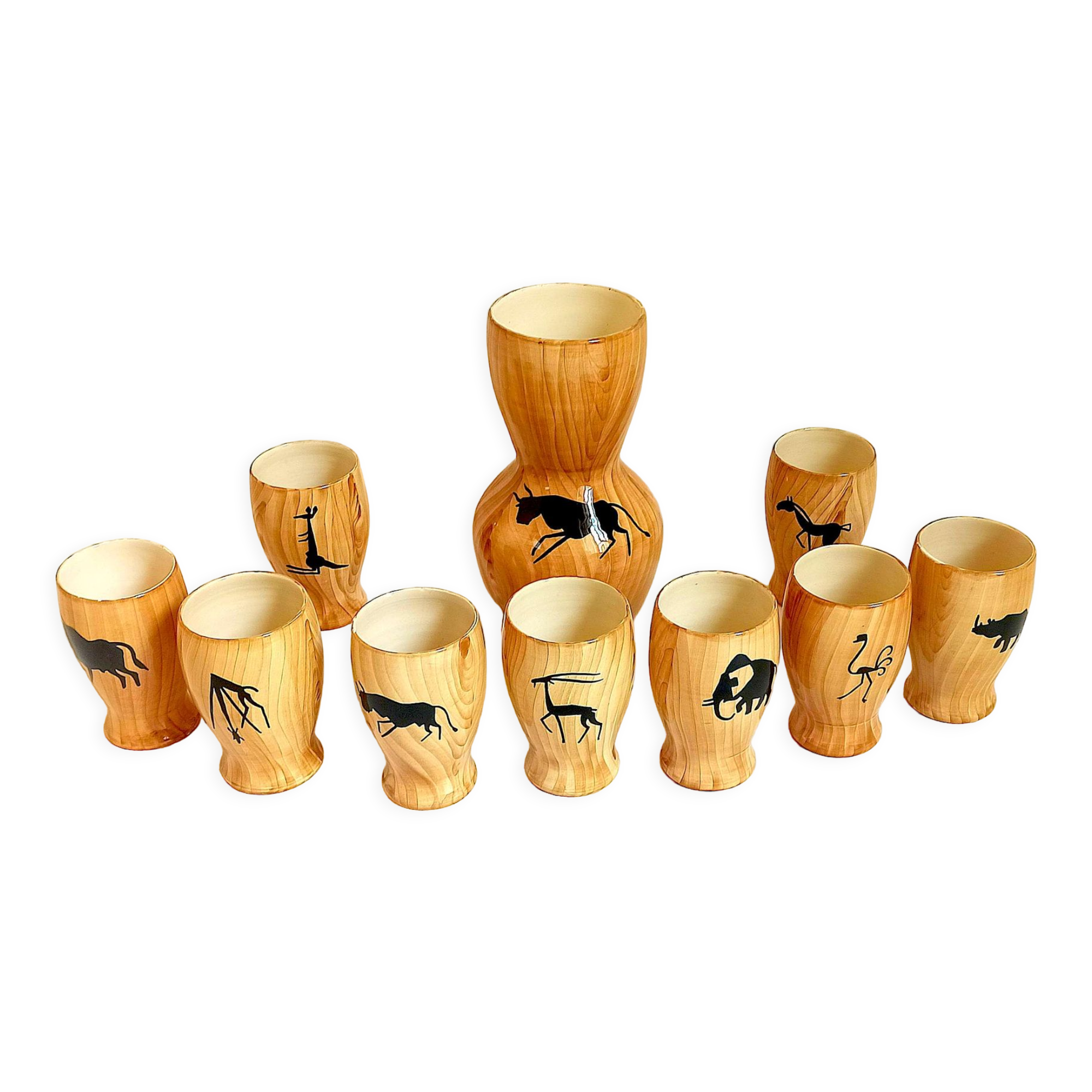 Service à orangeade 9 verres 1 pichet Grandjean Jourdan Vallauris thème Savane africaine Années 50