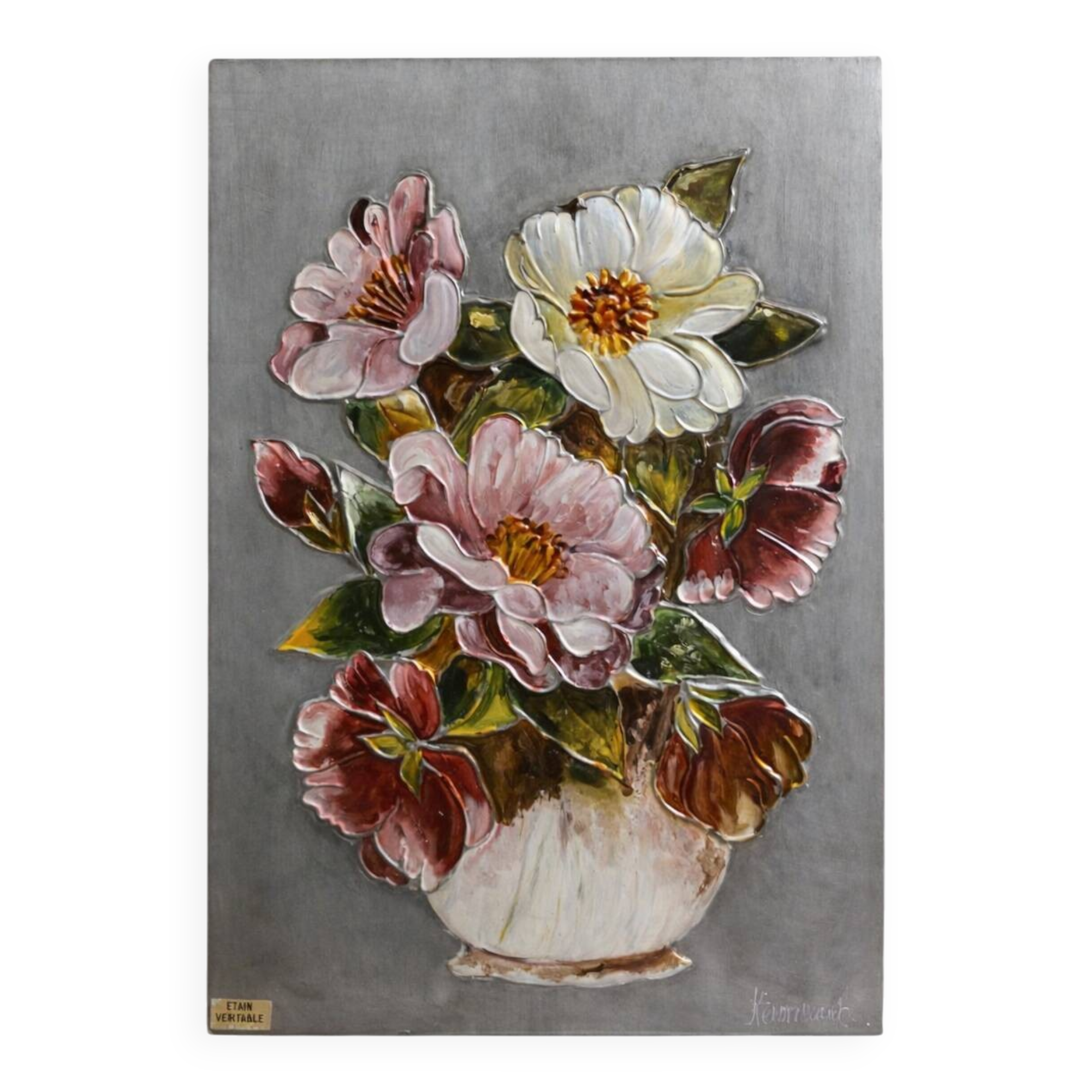 Floral relief panel in genuine tin