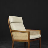 Mid-century modern Scandinavian mahogany armchair with French wicker by Bernt Petersen.