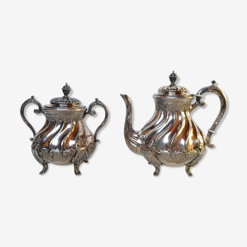 Teapot and sugar bowl in silver metal Louis XV style