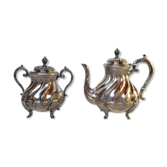 Teapot and sugar bowl in silver metal Louis XV style