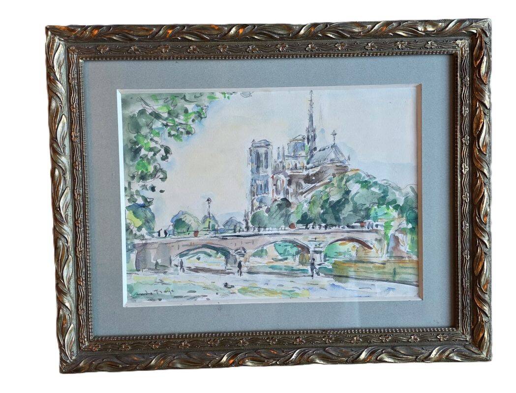 Fraye André Watercolour Notre Dame de Paris View from the Quays of the Seine XXth