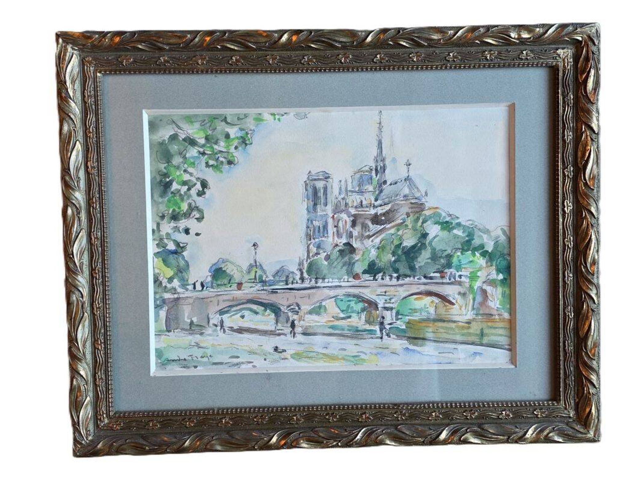 Fraye André Watercolour Notre Dame de Paris View from the Quays of the Seine XXth