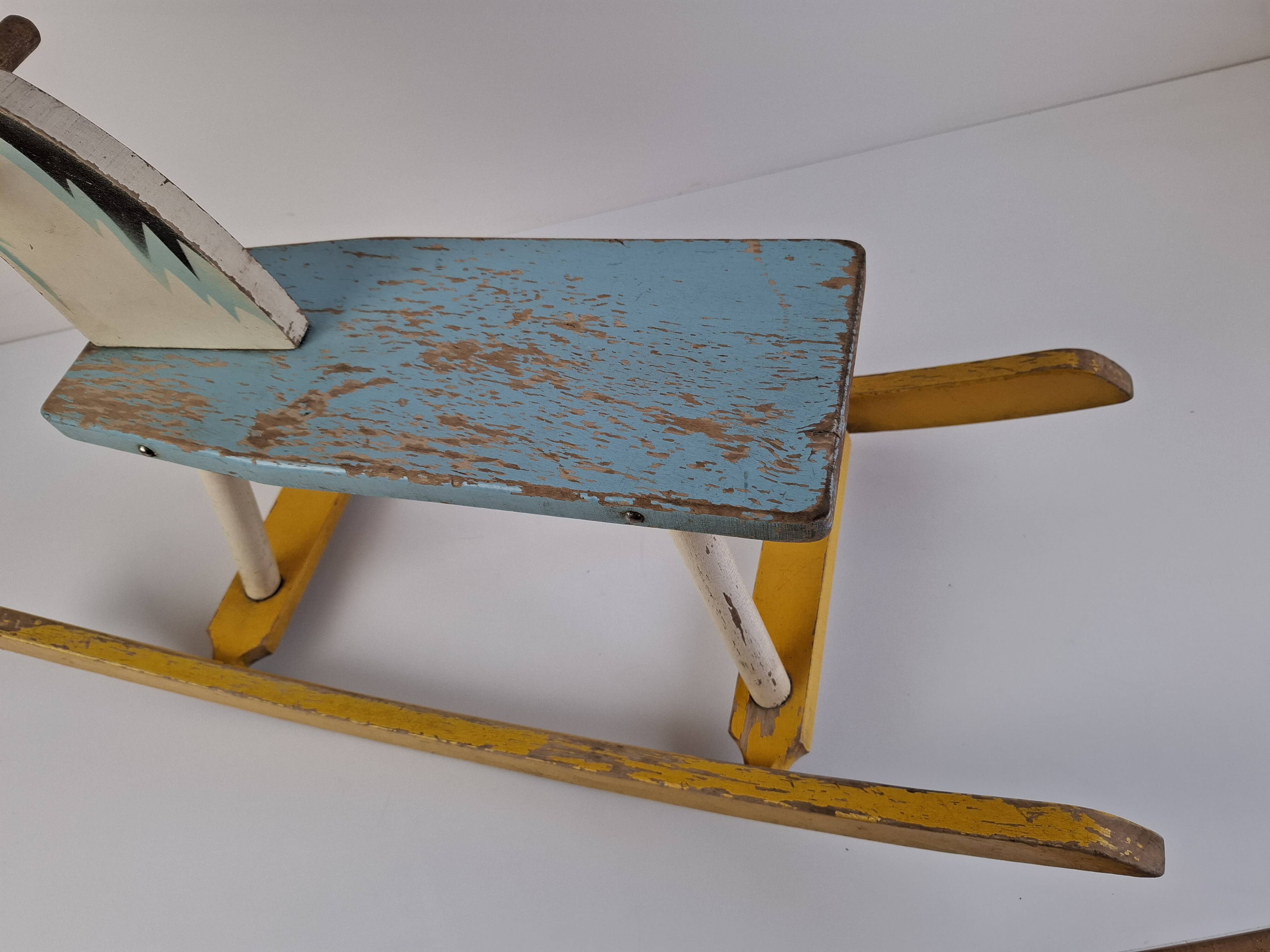 Mid-Century Czechoslovak Wooden Rocking Horse, Hand-Painted, 1960s