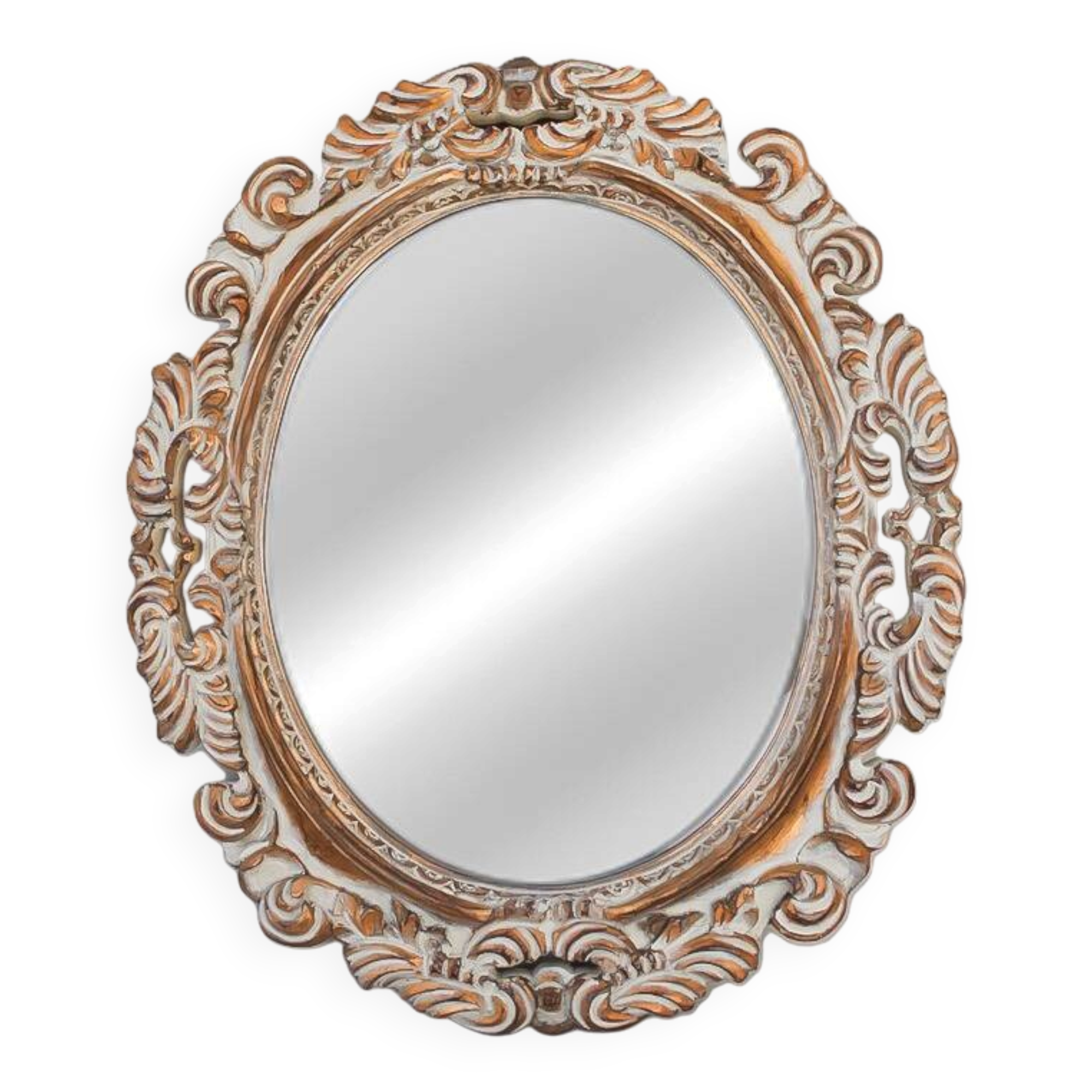 Distressed and carved golden oval mirror in wood.