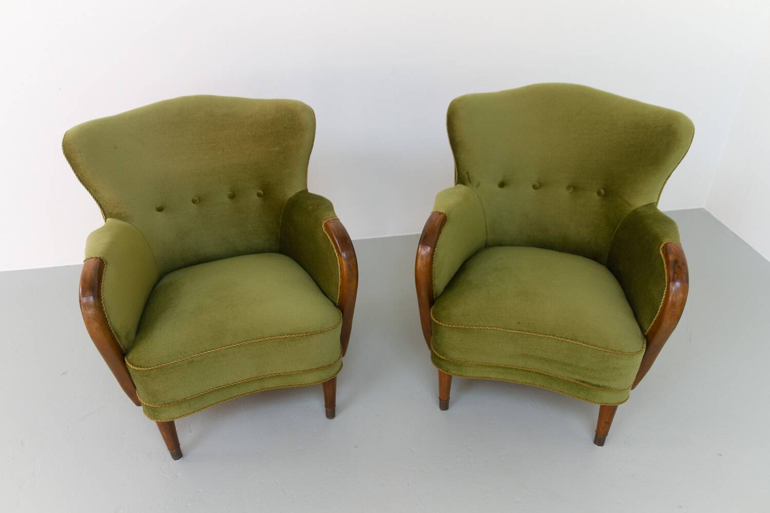 Danish art deco green velvet lounge chairs, 1940s. set of 2