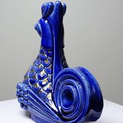 Pair of ceramic glazed candlesticks in the shape of roosters, signed A.G Roger, year 1948.
