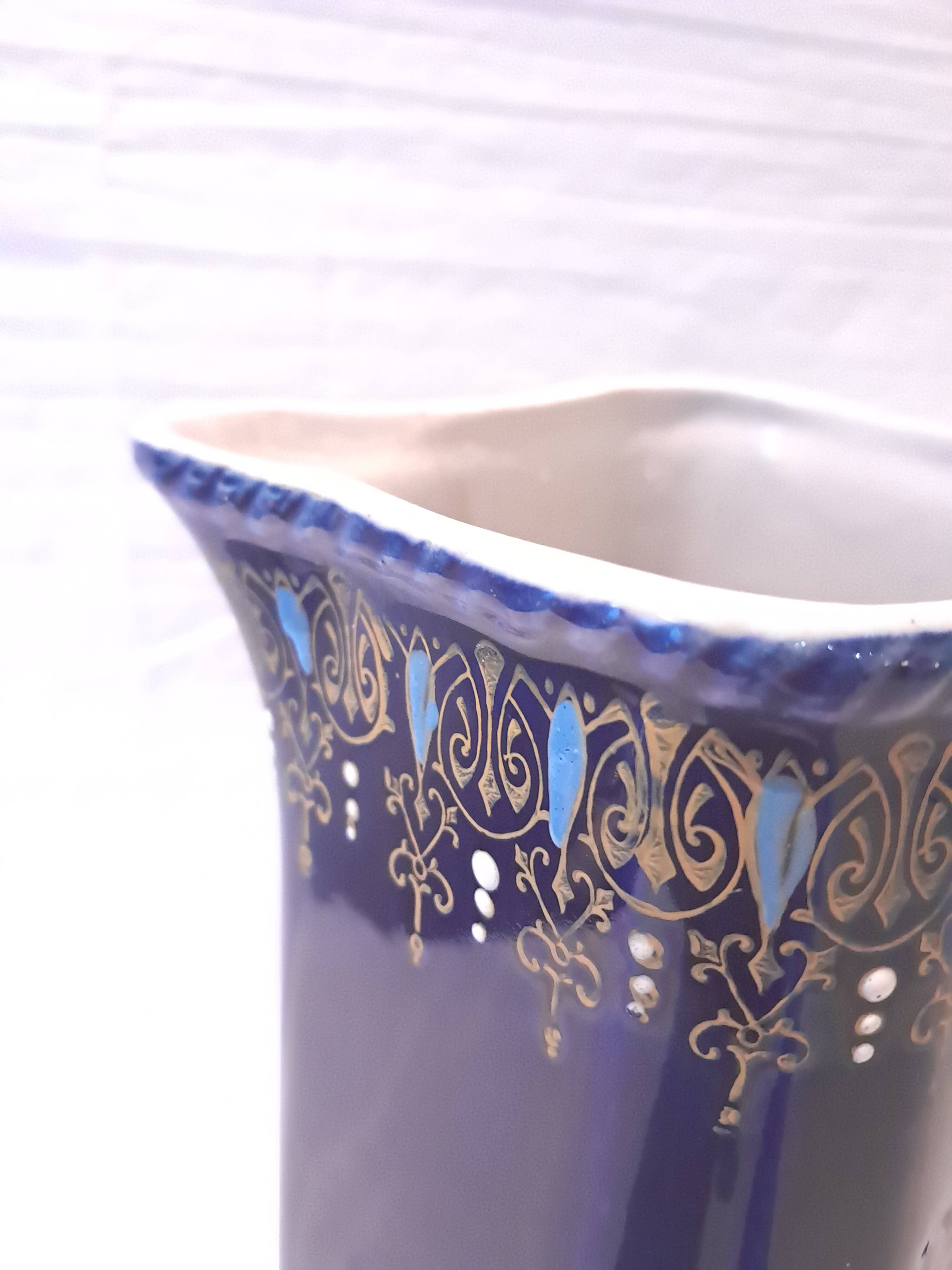 Antique Cobalt Blue Earthenware Jug With Enamelled Decor