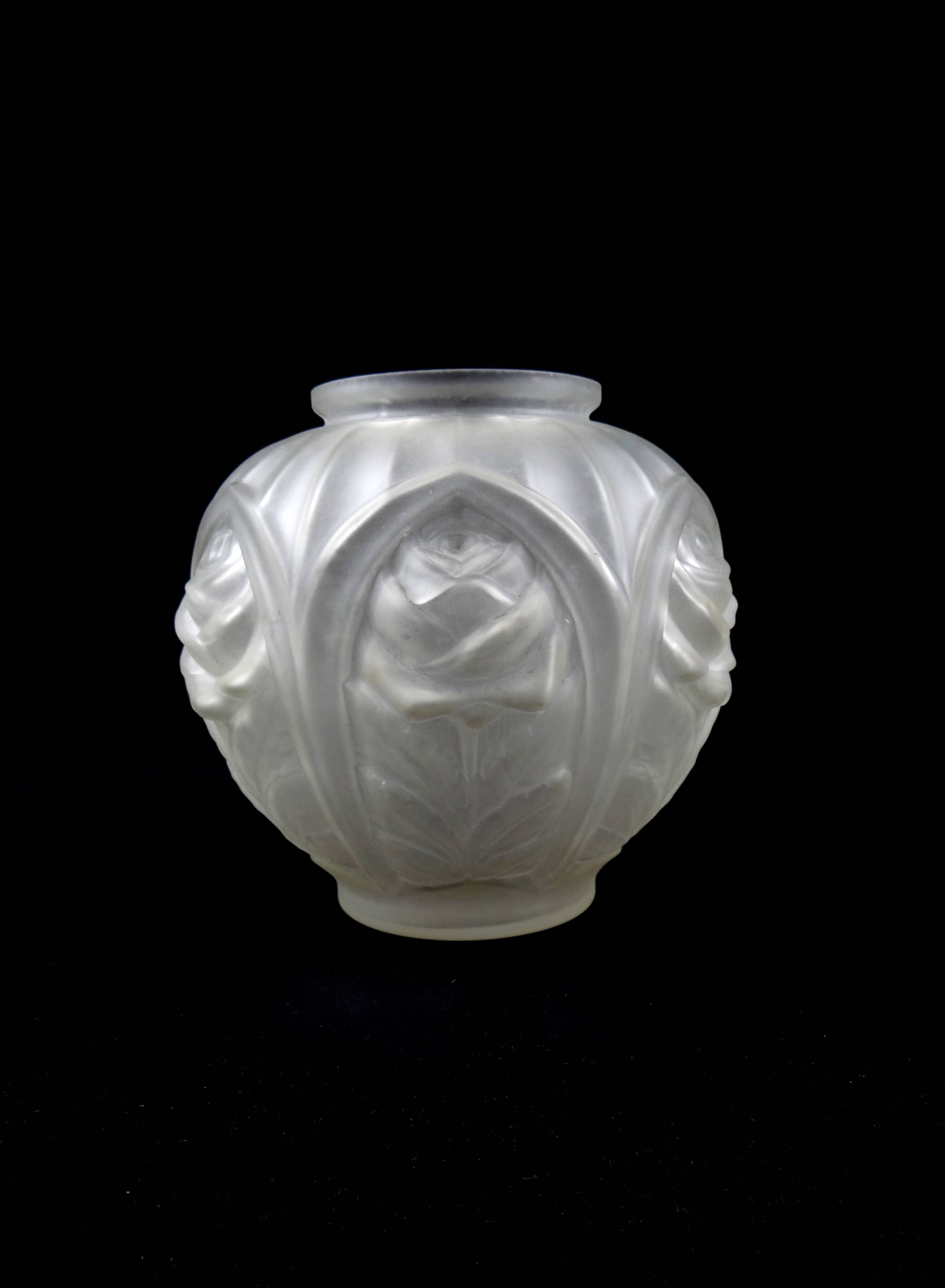Art Deco ball vase with arches and roses in frosted molded glass