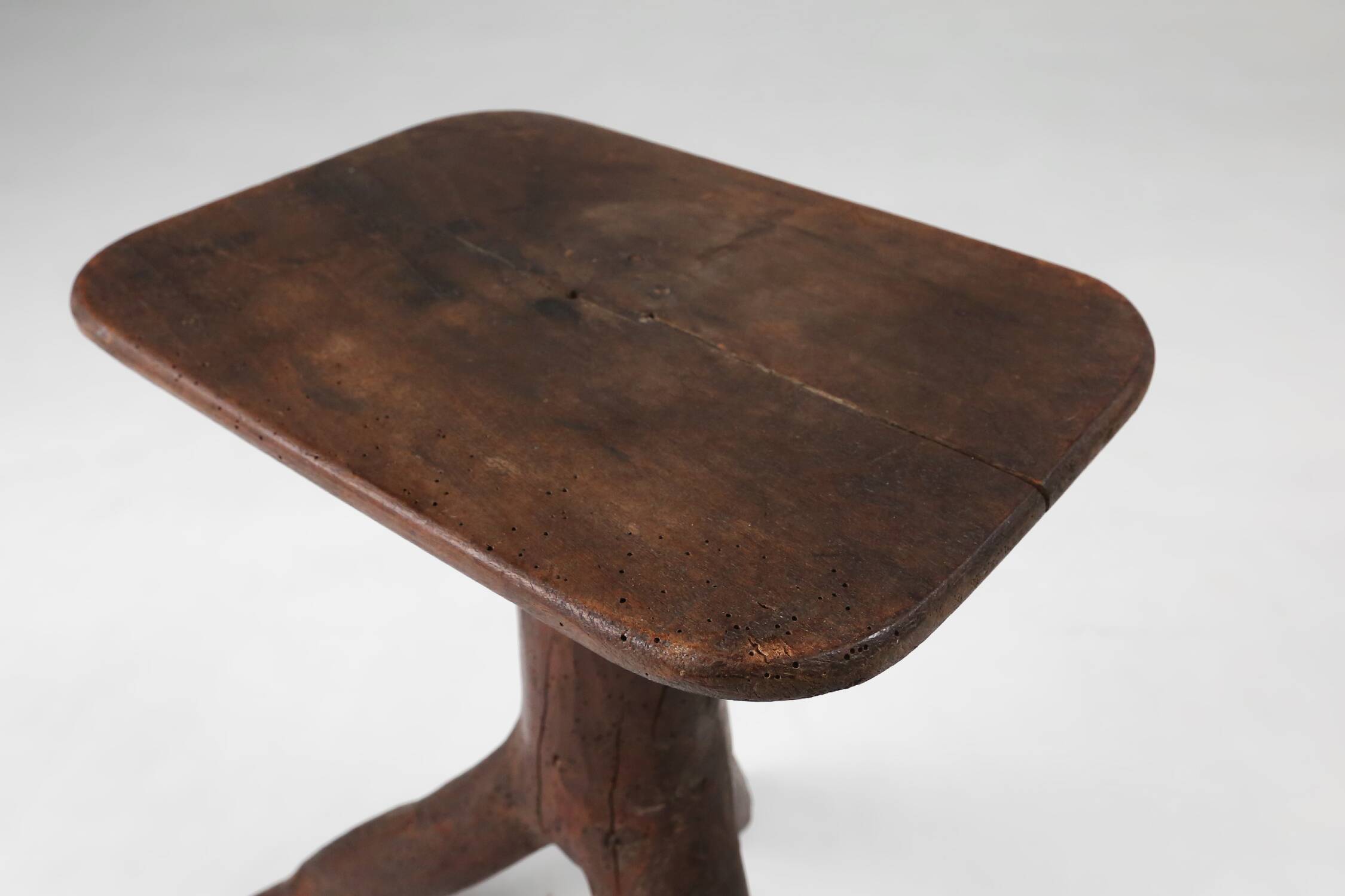 Rustic mid-century wooden stool with legs made of a tree branch, France, 1850