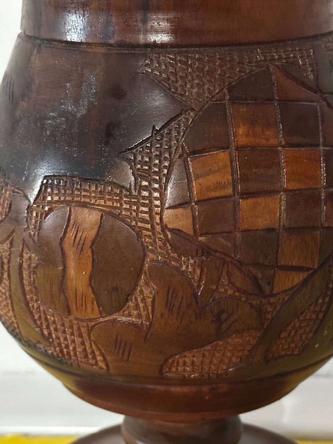 Vintage Turned and Carved Wooden Vase - Vine Decor H 28 cm