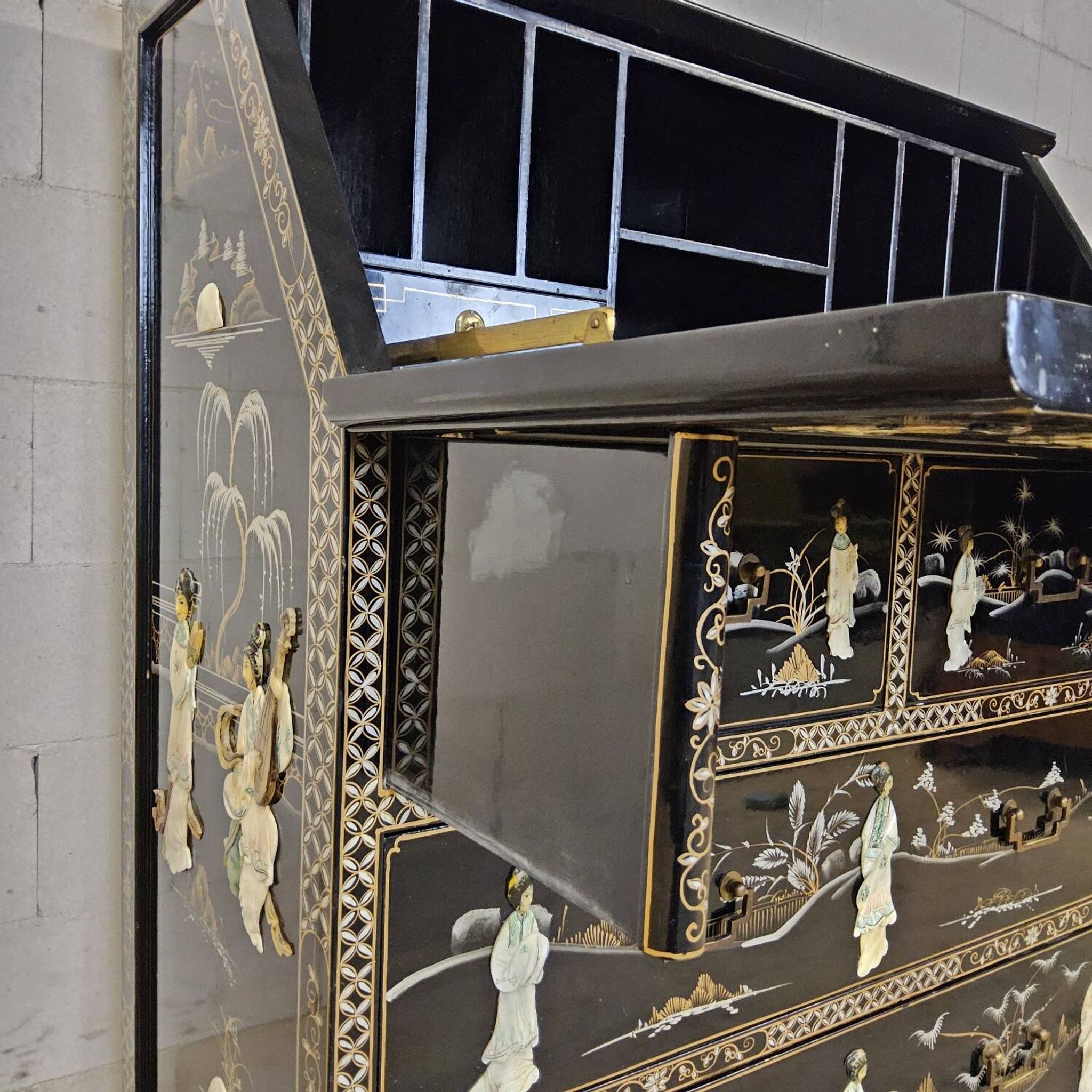 Vintage Chinese lacquer secretary desk with mother-of-pearl