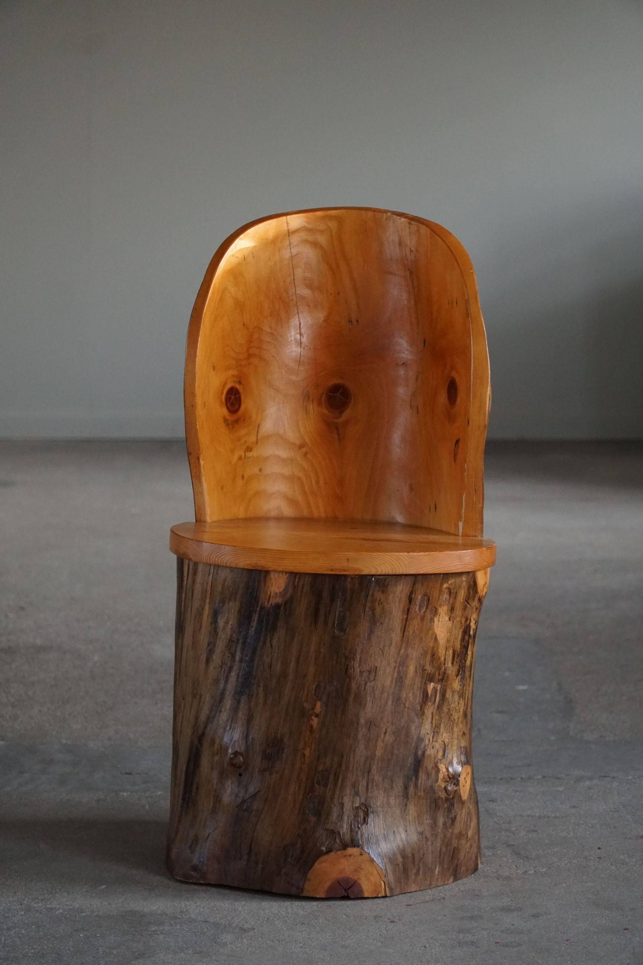 Modern primitive Swedish hand-carved pine stump chair, Wabi Sabi, 1960s