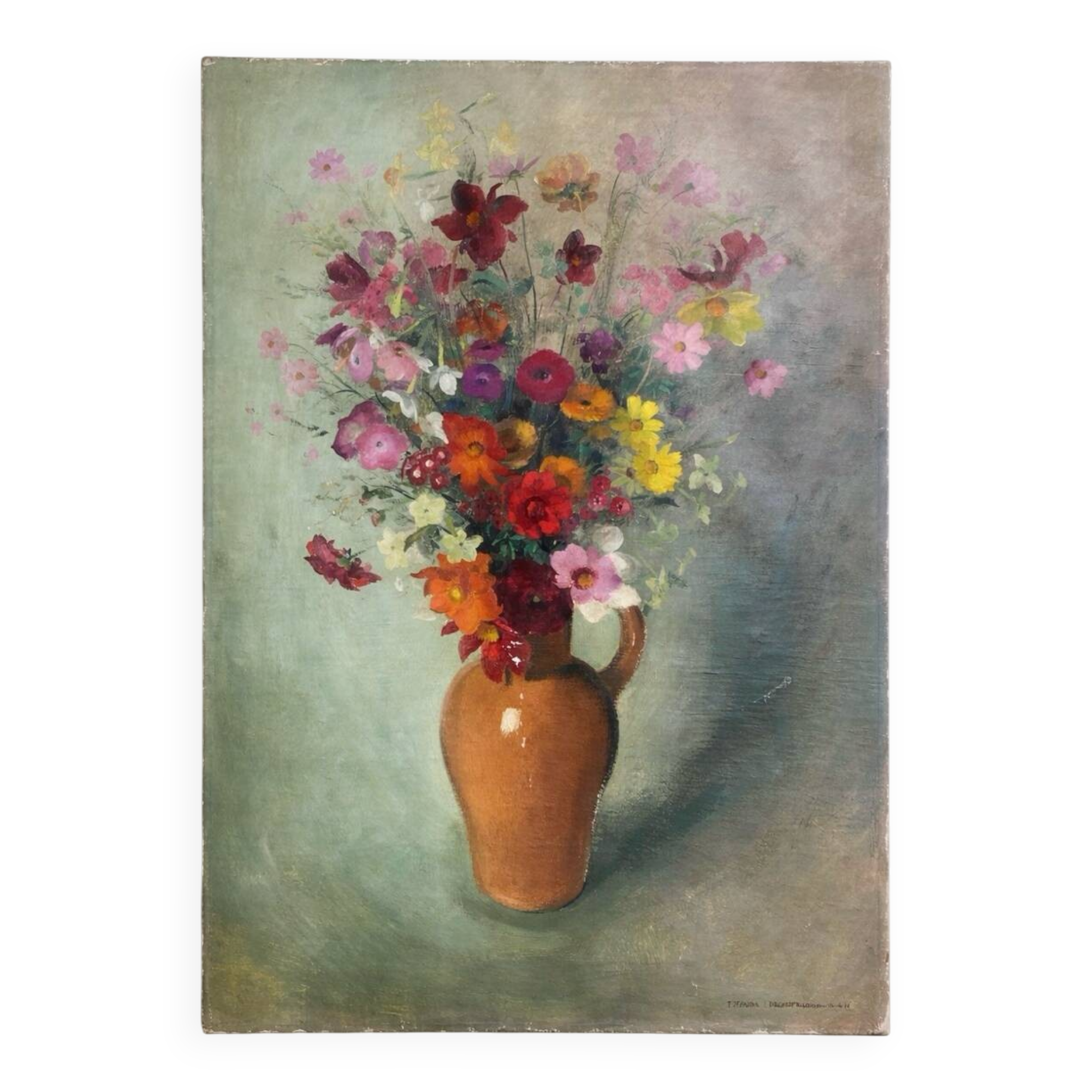 Grande huile sur toile signée Frans Depooter 1943 Bouquet de fleurs