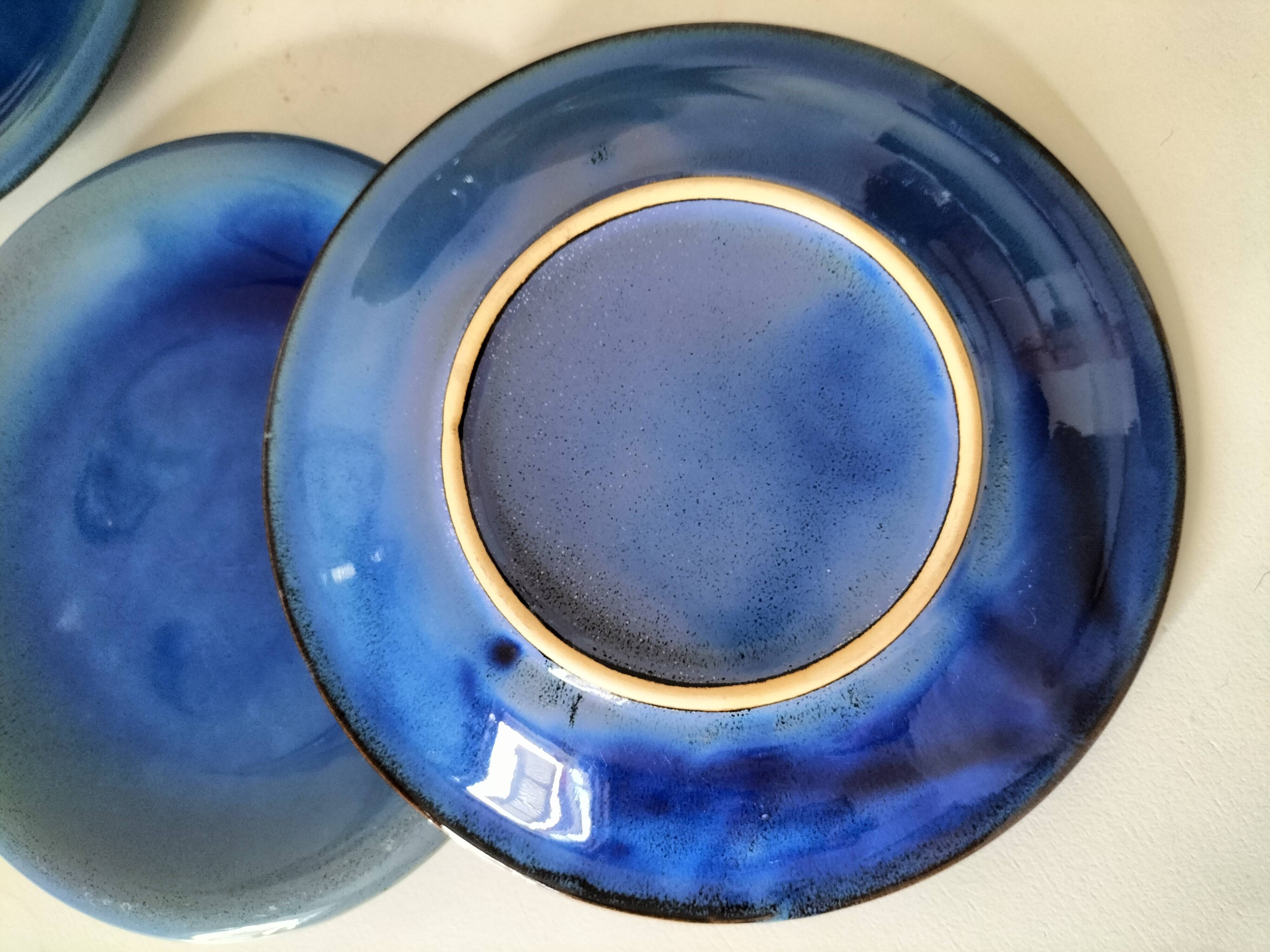 6 grandes assiettes plates en grès bleu cobalt et turquoise