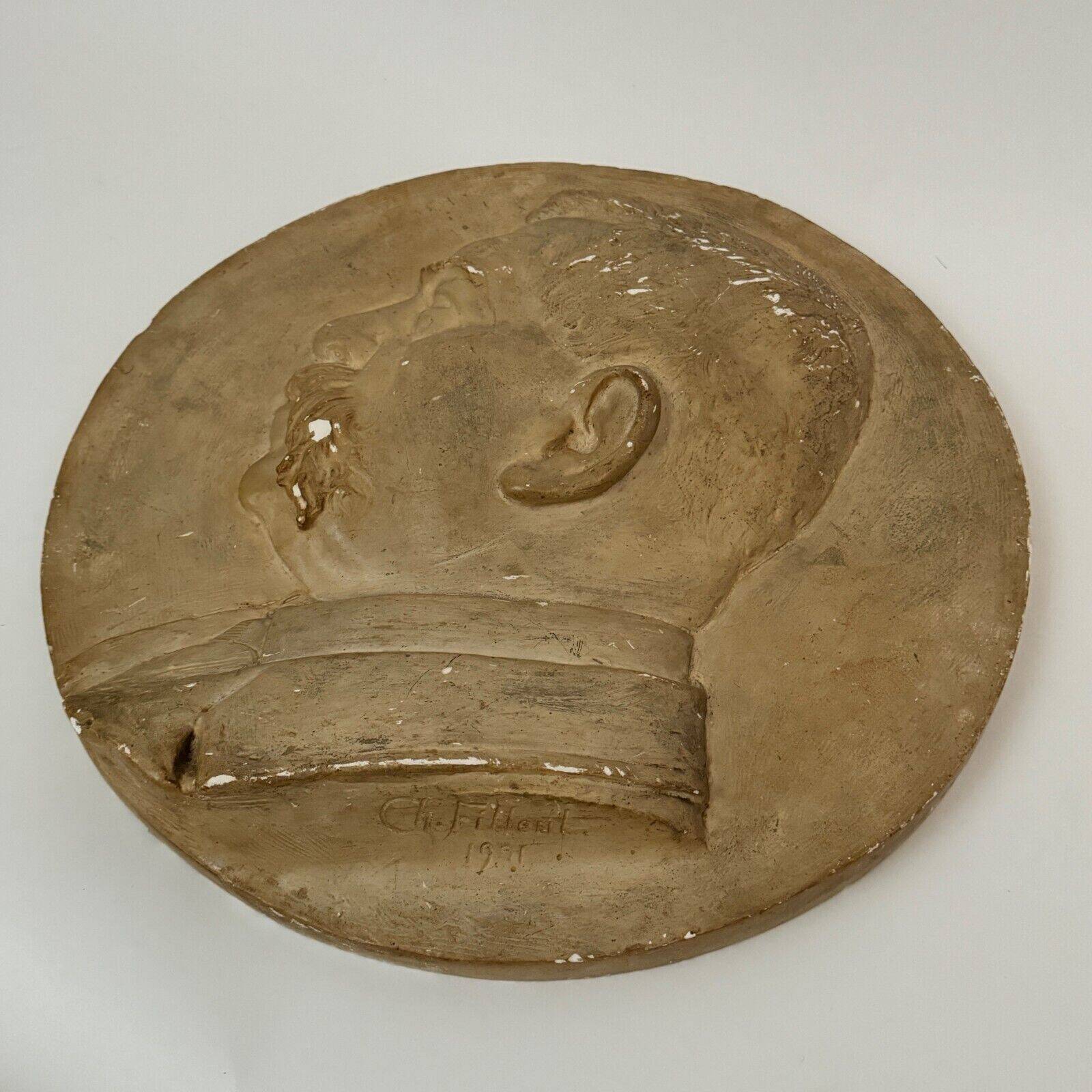 Plaster medallion portrait by Charles Filleul profile of a man 1901