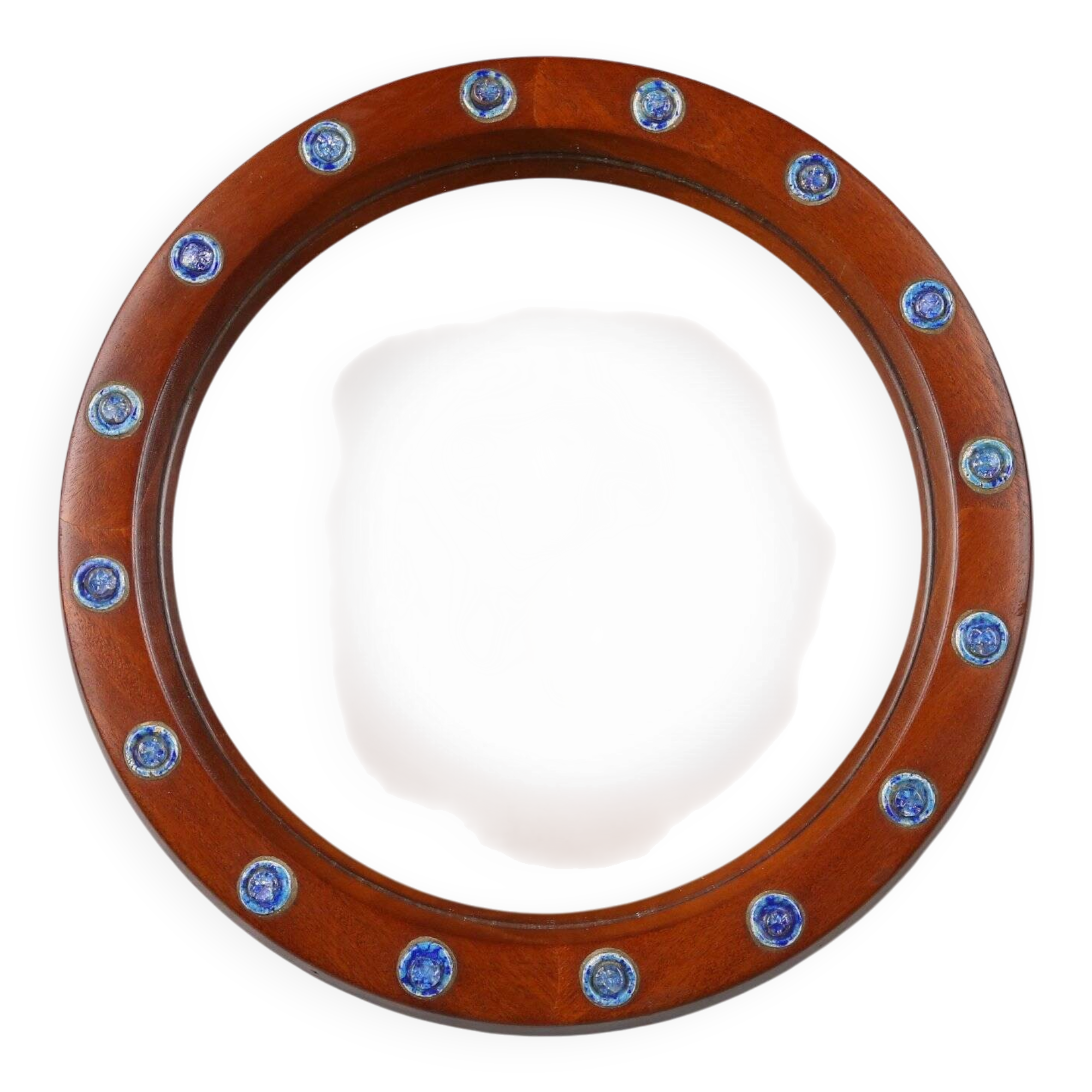 French round wooden mirror with elegant blue and white glass decoration, 19