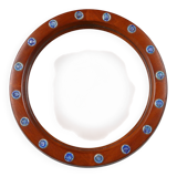 French round wooden mirror with elegant blue and white glass decoration, 19