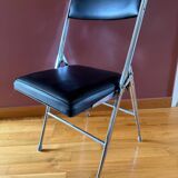 Black faux leather folding chairs with chrome steel, vintage 70s.