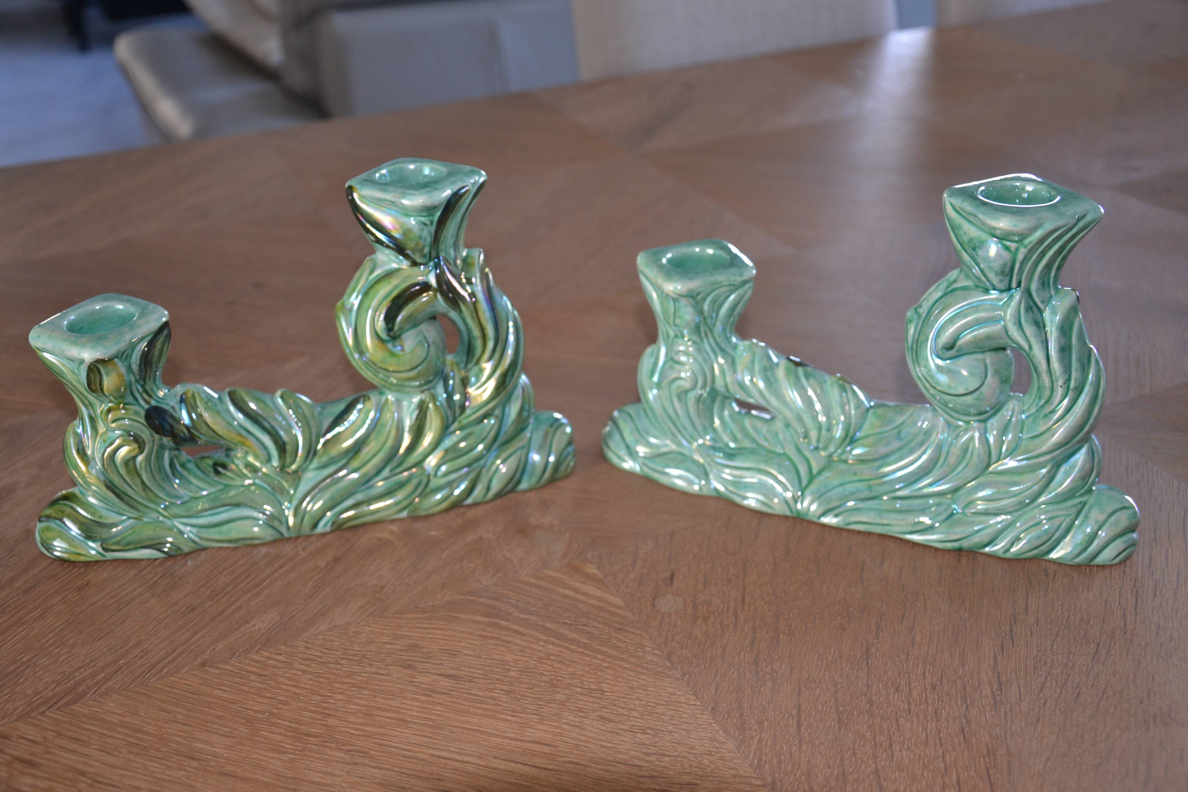 Pair of iridescent green ceramic Art Deco candlesticks