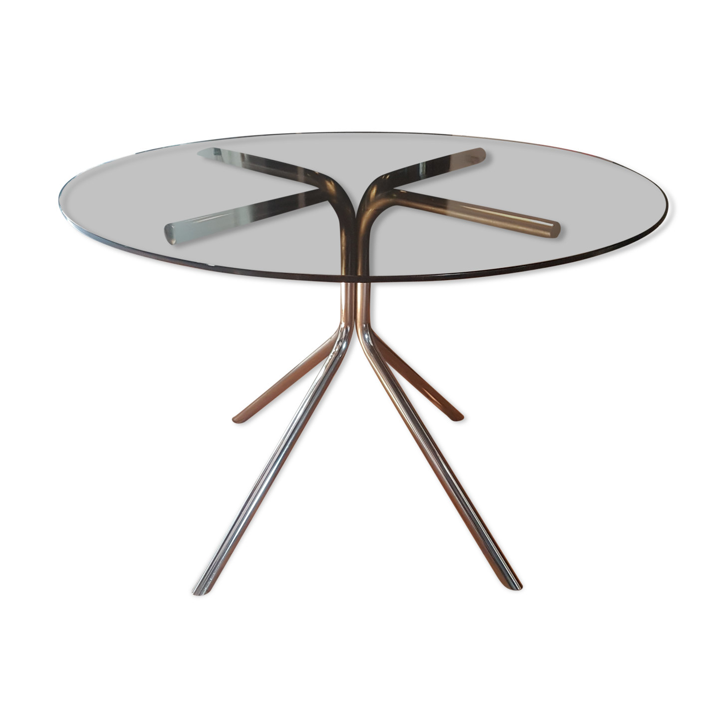 Smoked glass round table and chrome foot