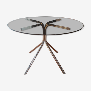 Smoked glass round table and chrome foot