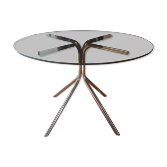 Smoked glass round table and chrome foot