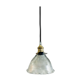 Suspension lustre vintage abat jour ancien en verre type holophane