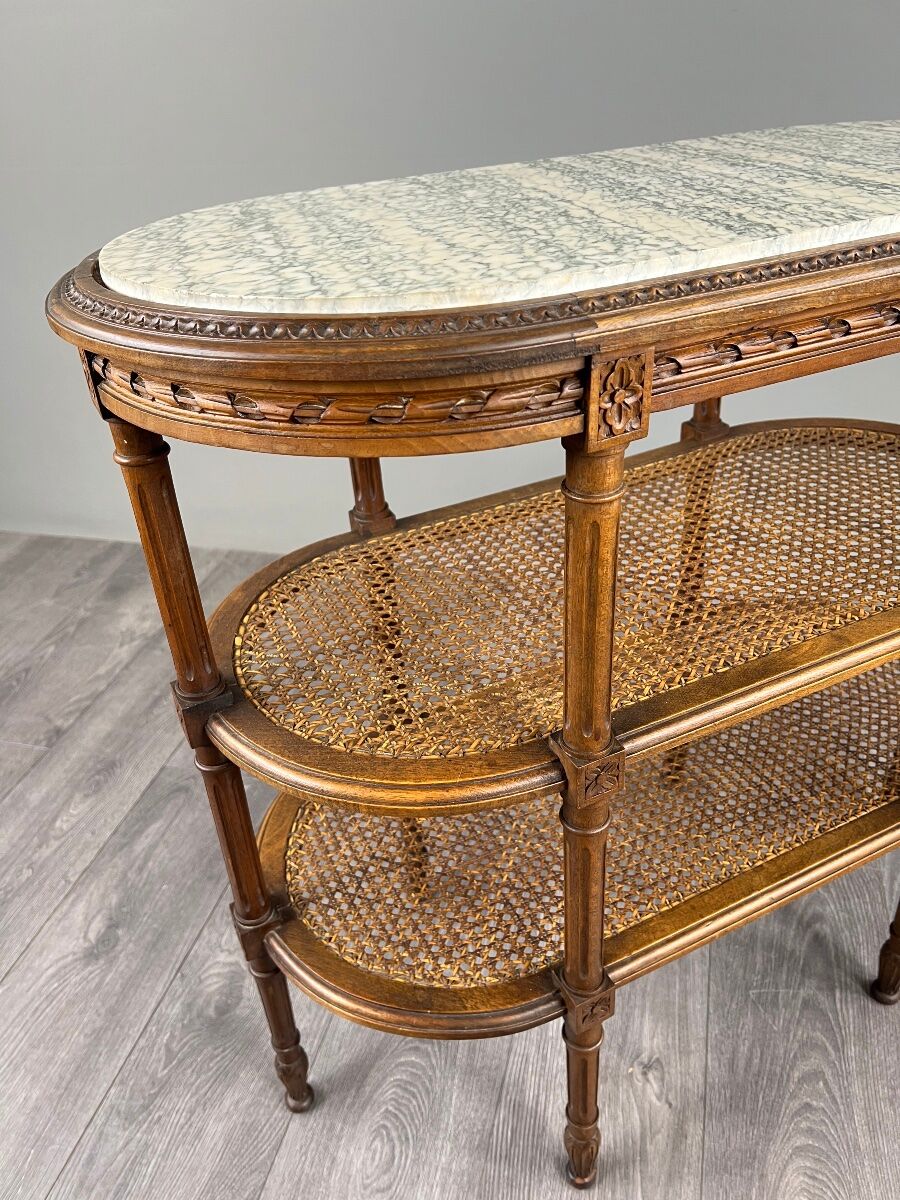 Table desserte de style Louis XVI en bois sculpté, marbre et cannage, XIXe Siècle