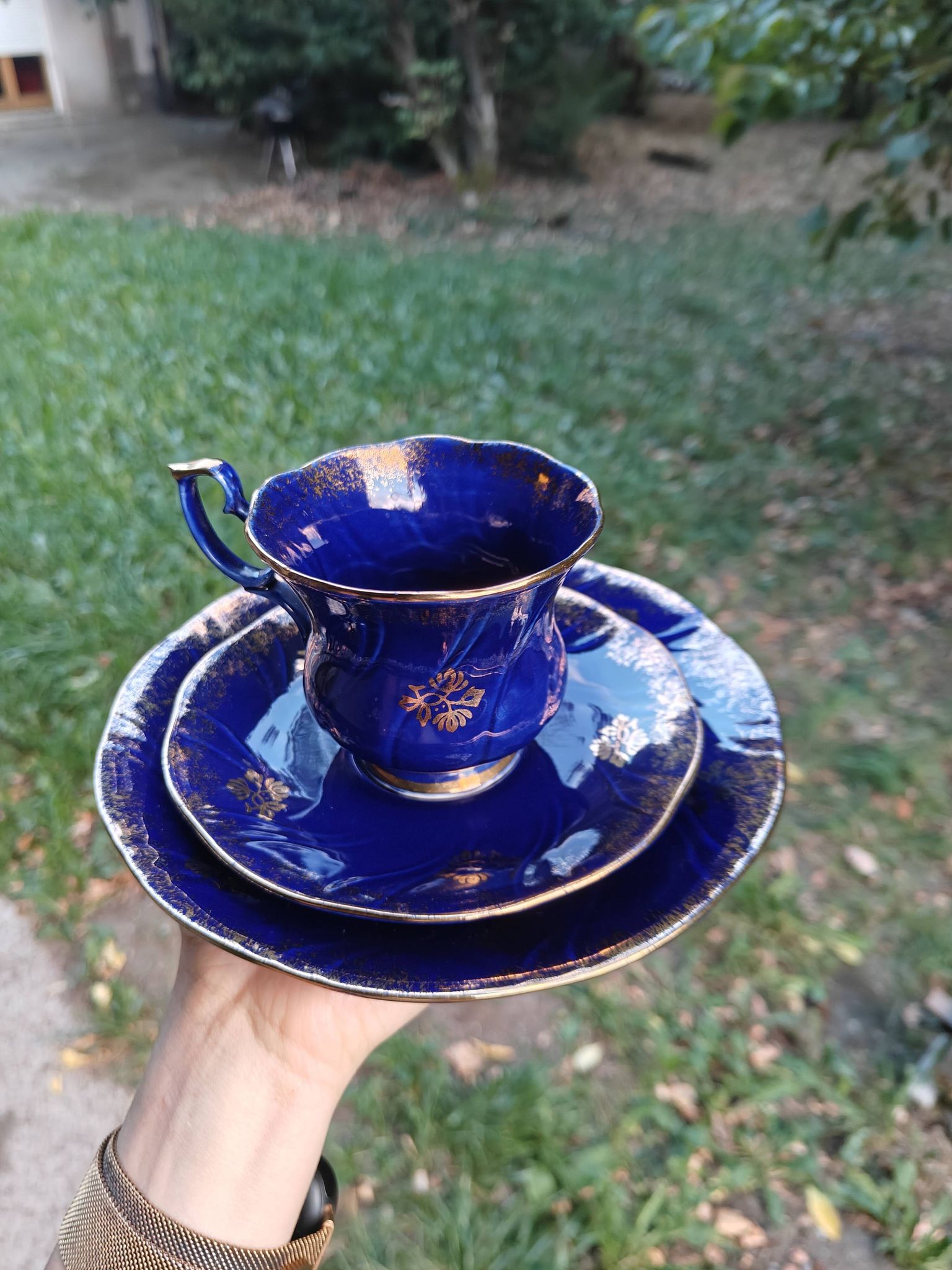 Superb Coffee/Tea Trio in Cobalt Blue & Gold Porcelain - Chodzież Poland