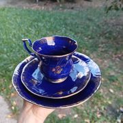 Superb Coffee/Tea Trio in Cobalt Blue & Gold Porcelain - Chodzież Poland
