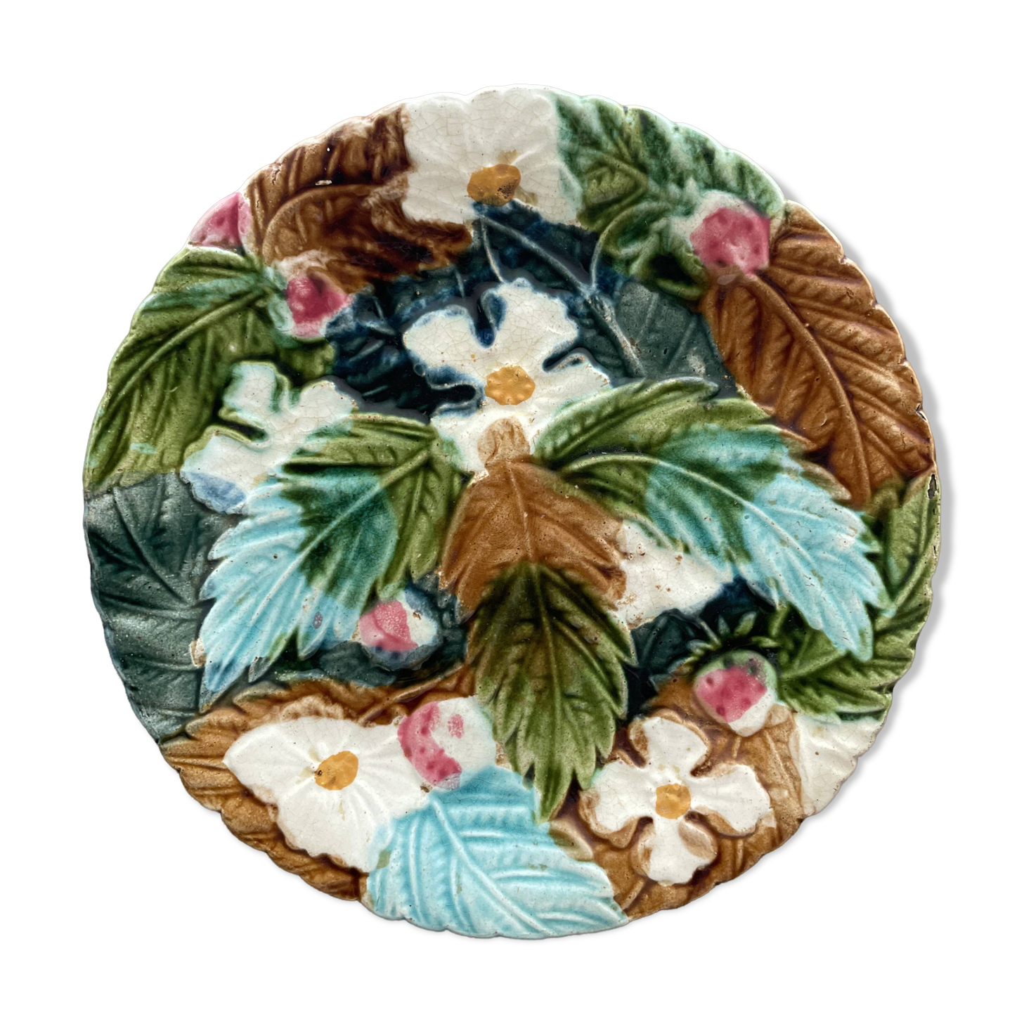 French barbotine plate – raised floral decoration – late 19th century