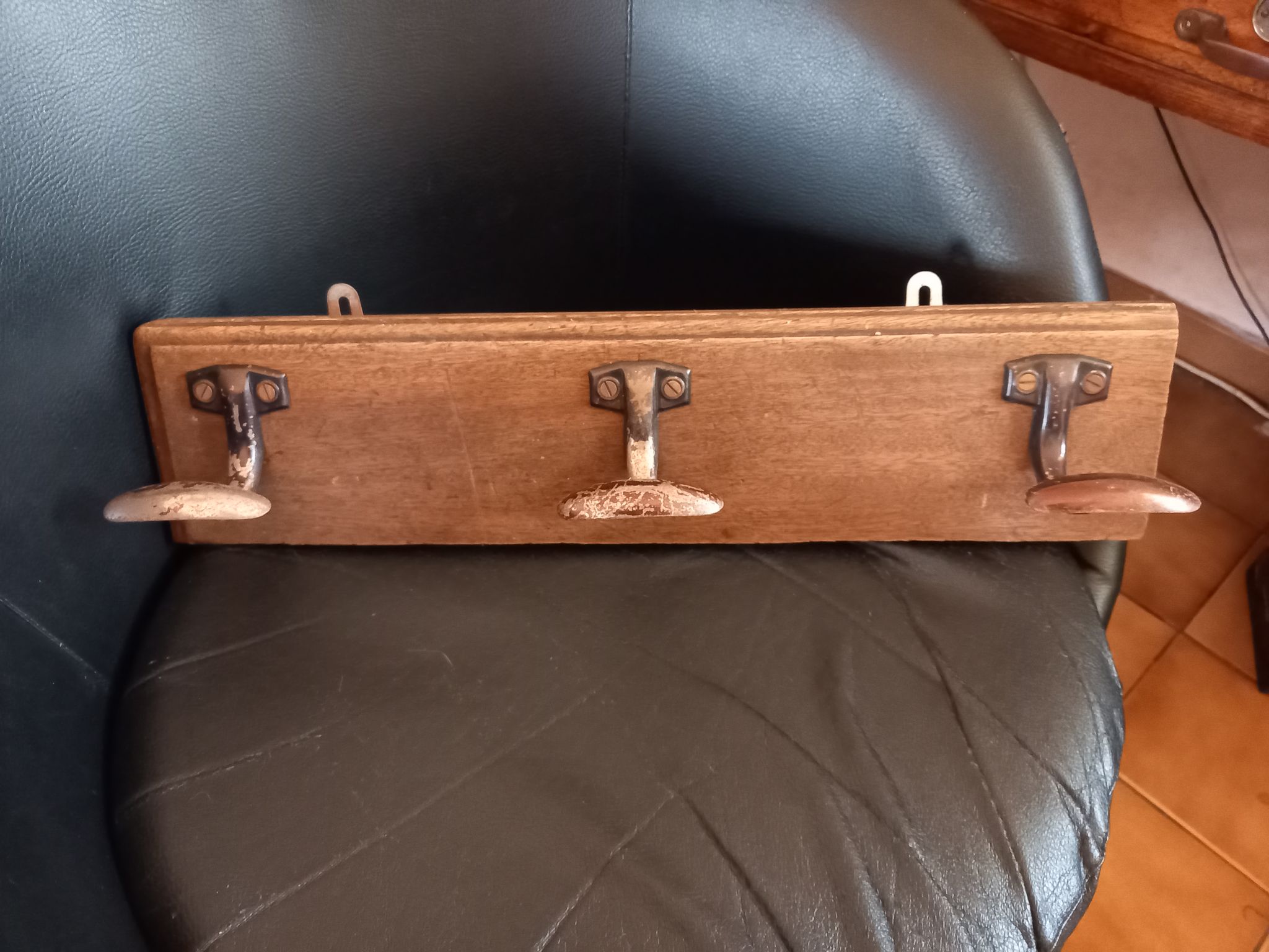 Old wooden coat rack 3 metal hooks