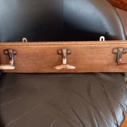 Old wooden coat rack 3 metal hooks