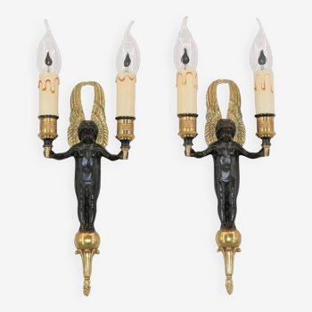 Pair of gilded bronze sconces & Antiquarian Medal Patina with Éphèbe