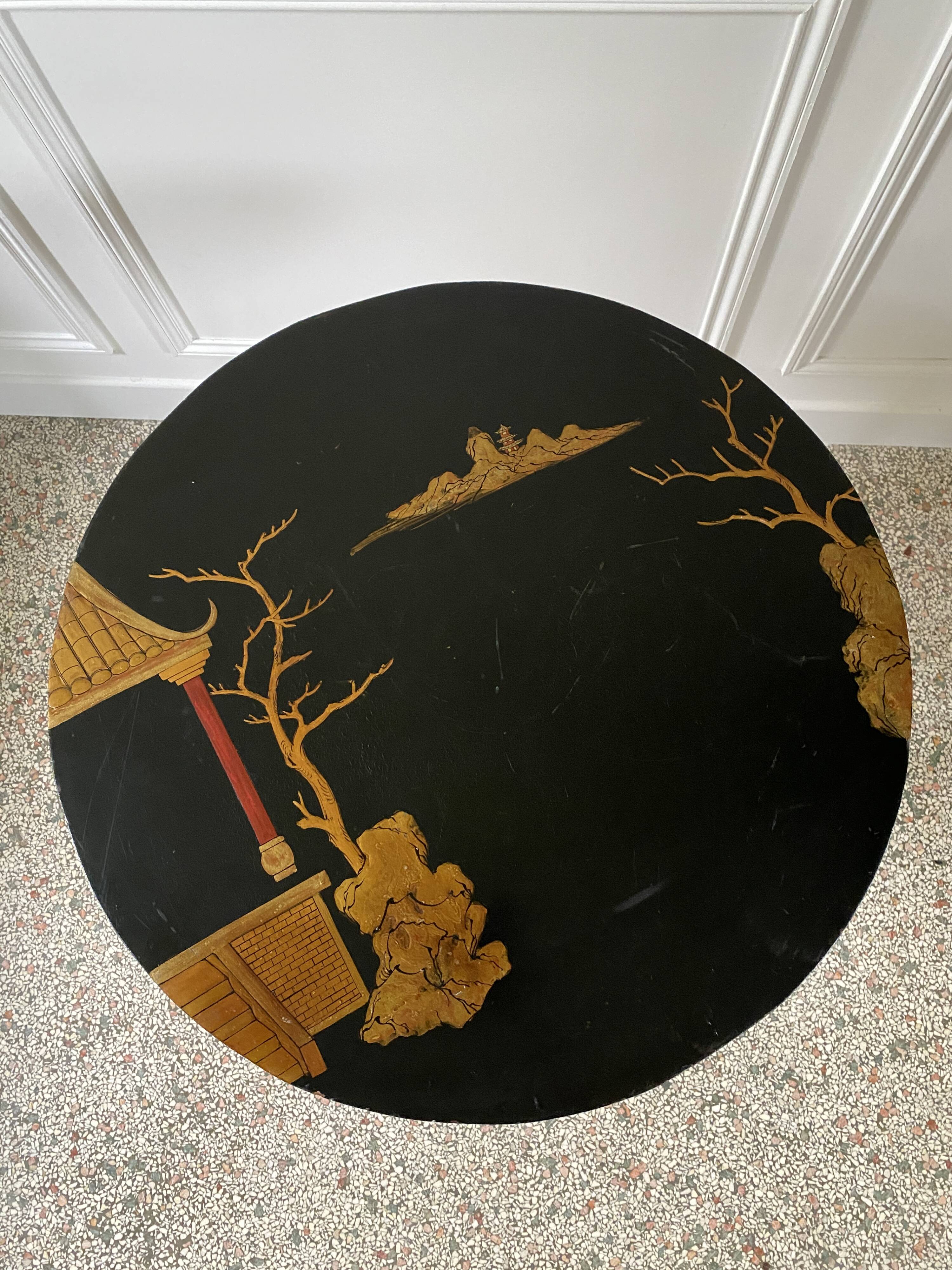 Side table, pedestal living room table, end table, round tray vintage Chinese decor