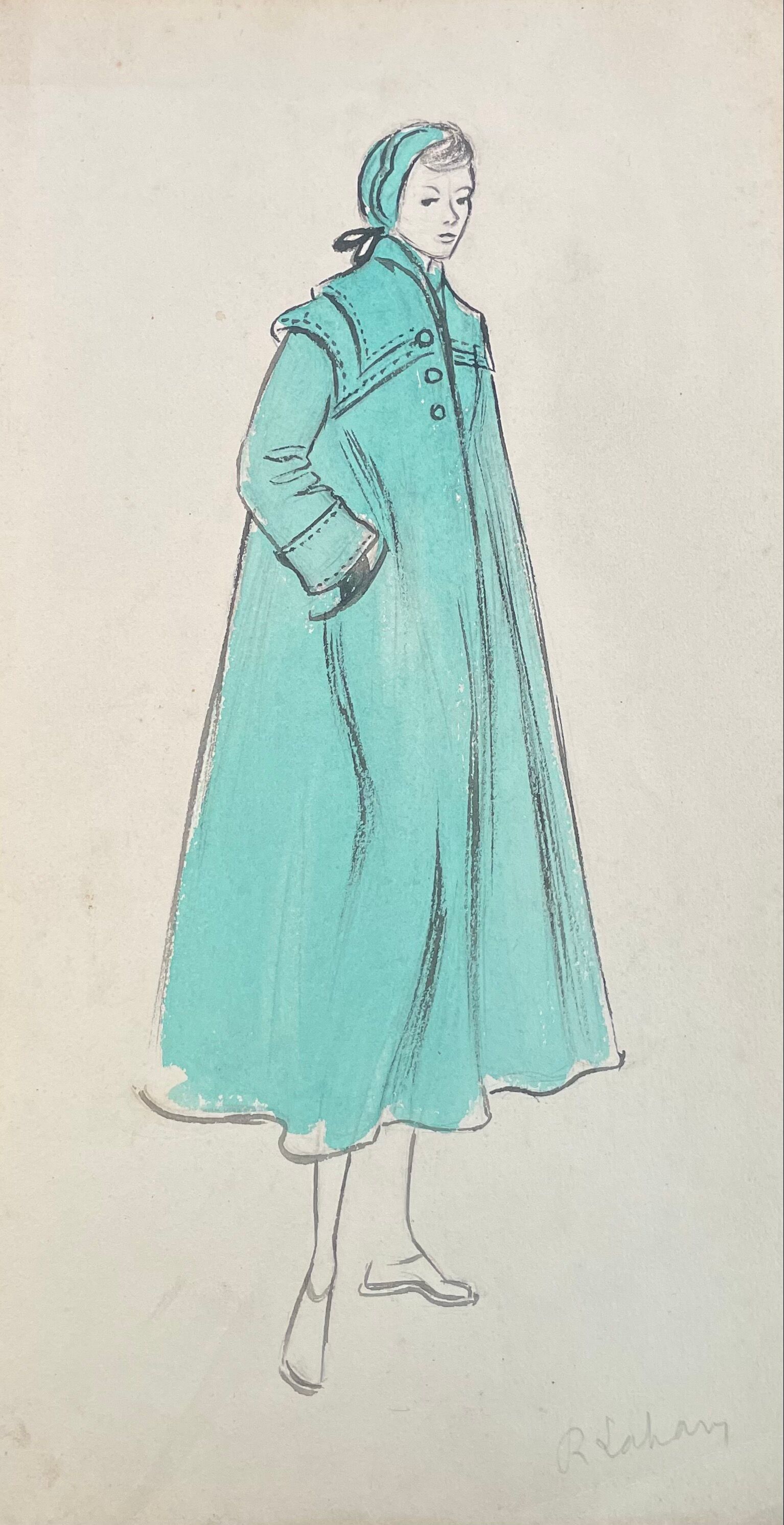 Painting painting fashion drawing women with blue coat years 30-50