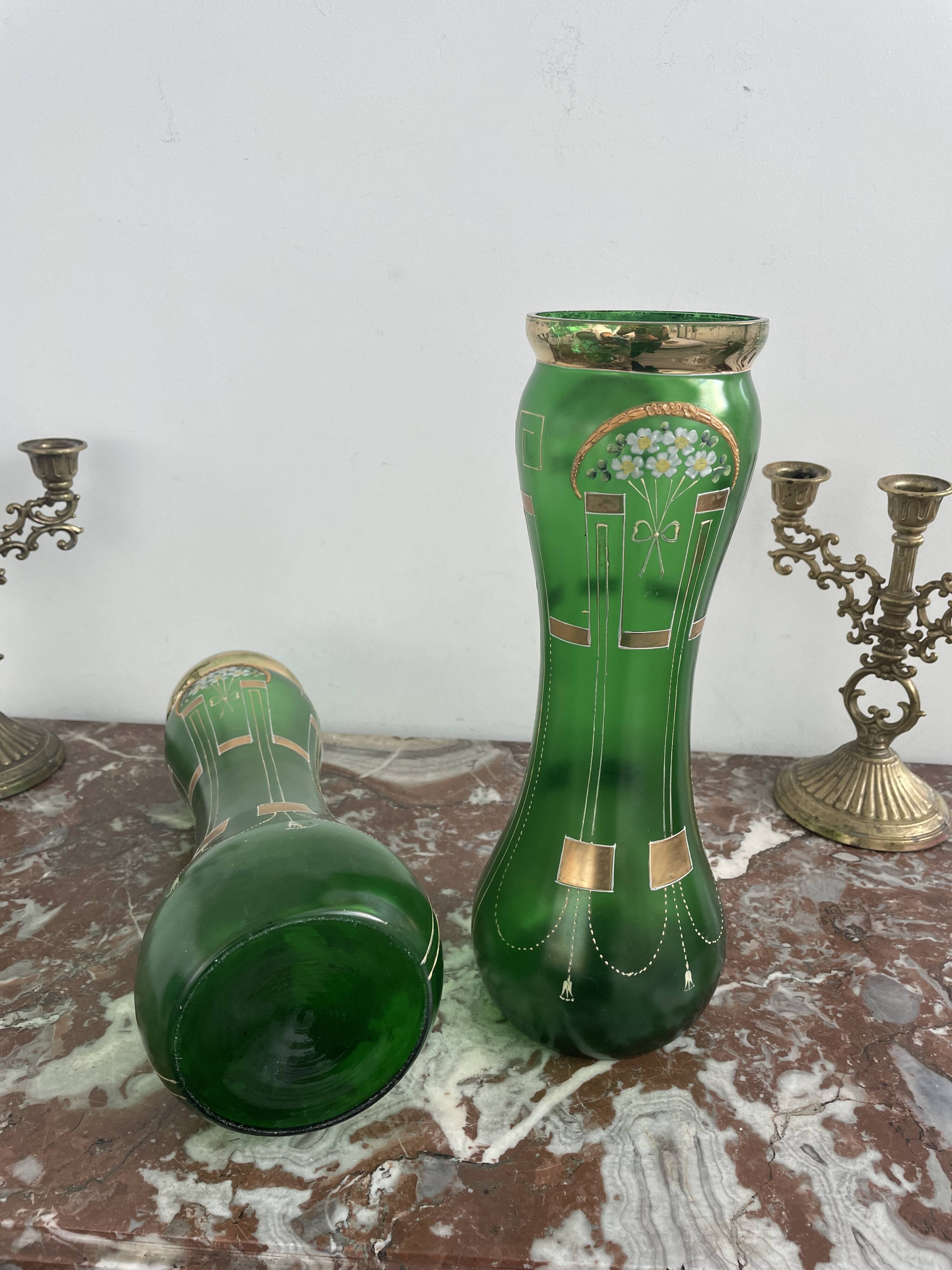 Antique, pair, green vases, flower decoration, golden, ART DECO, daisies, knot, hand painted