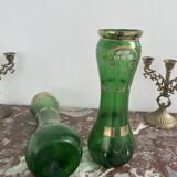 Paire de vases verts, décor fleurs, doré, art deco, marguerites, nœud, peint à la main, antique