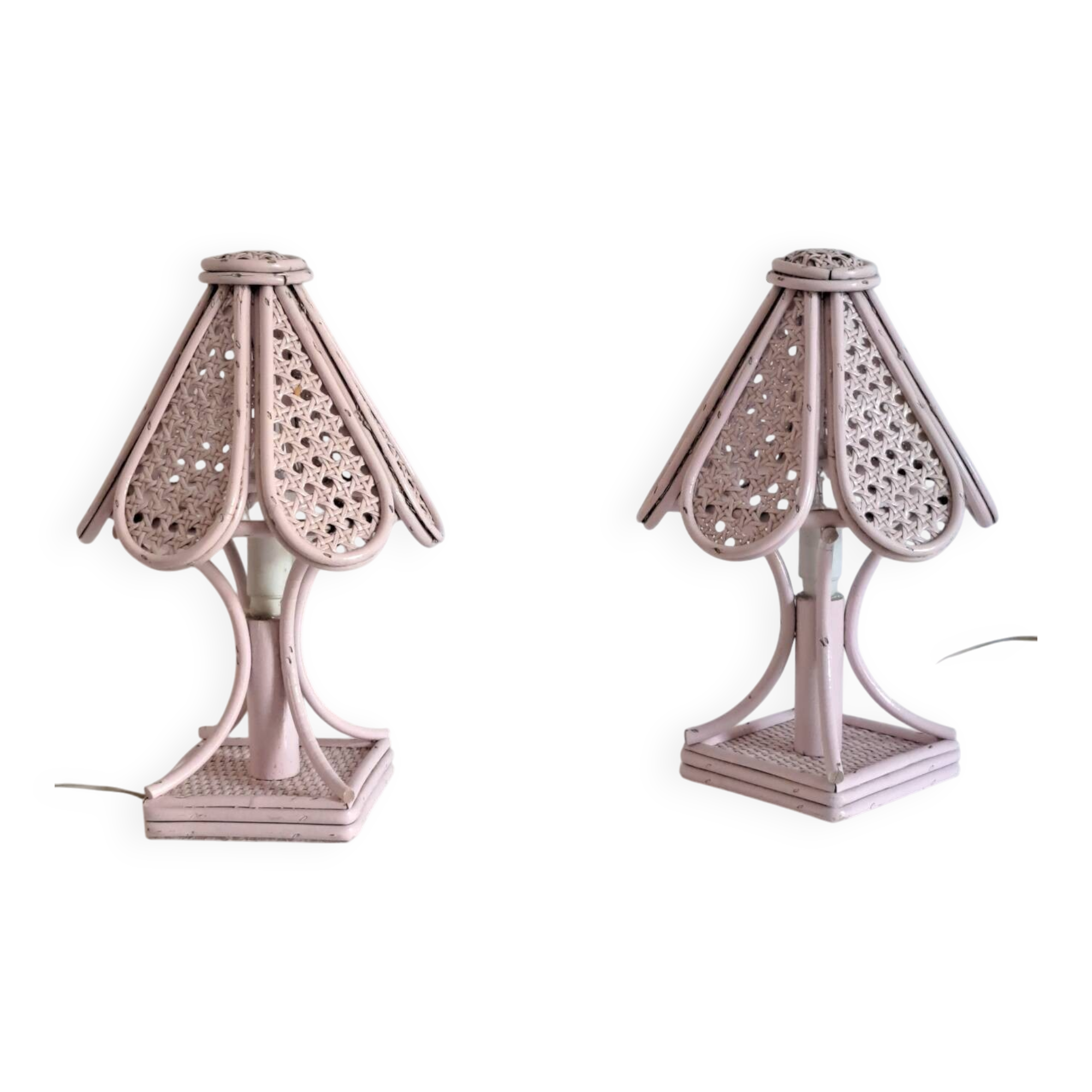 Pair of cane and bamboo bedside lamps