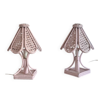 Pair of cane and bamboo bedside lamps