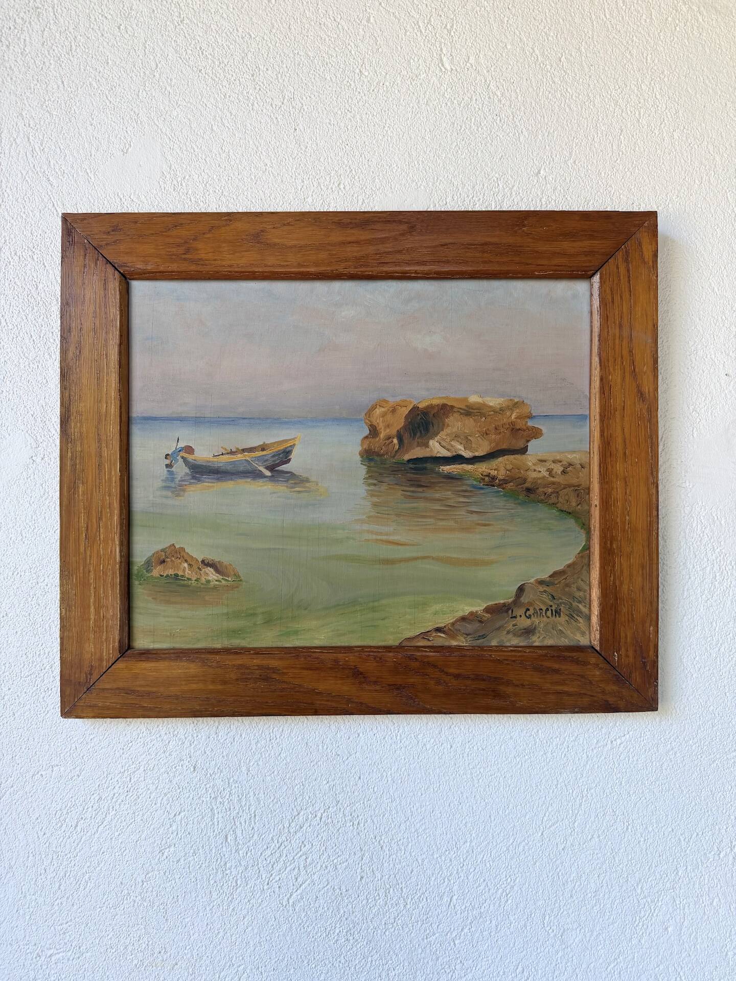 Framed oil painting fisherman L. Garcin