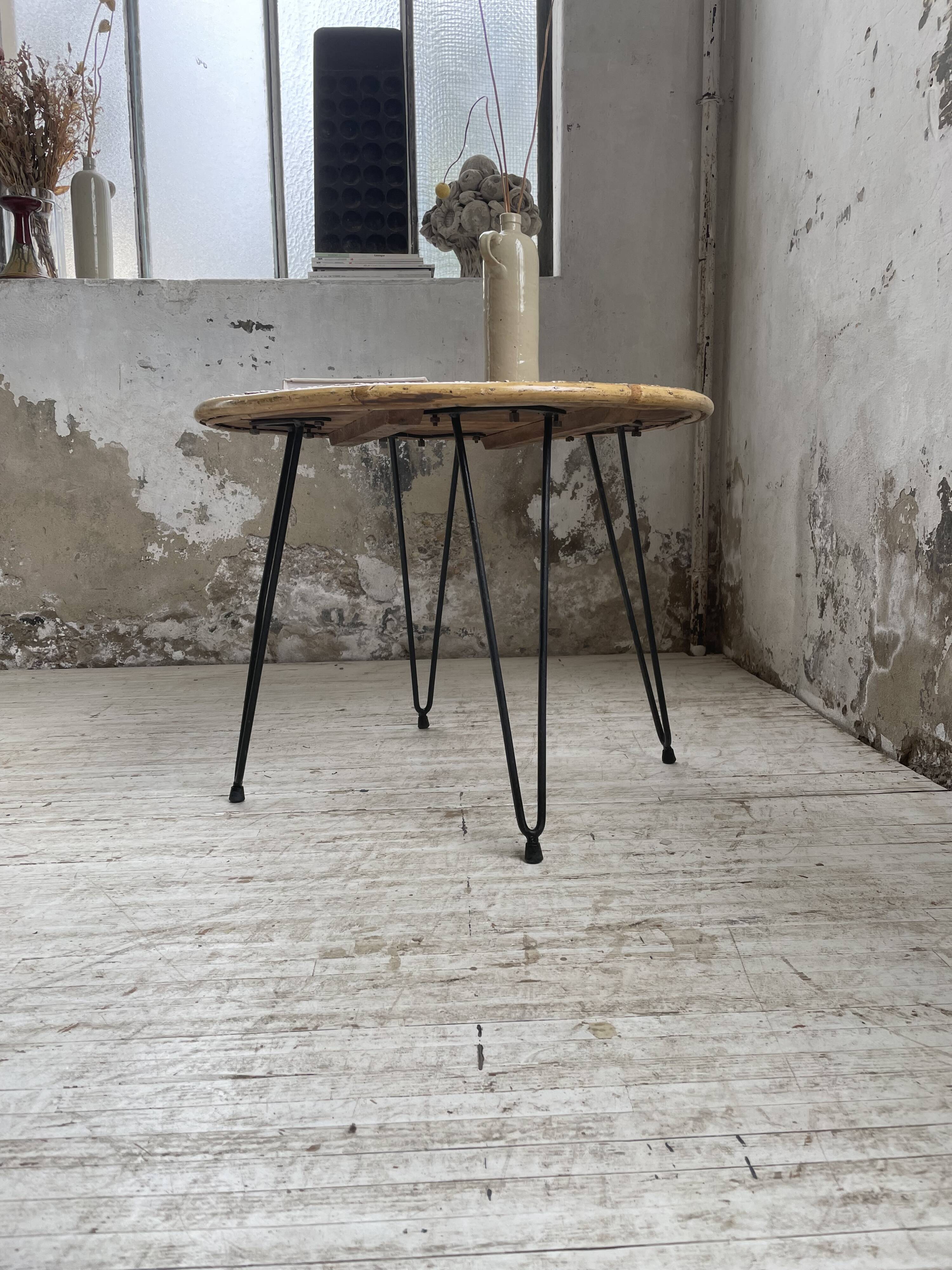 Wicker and metal coffee table from the 1950s