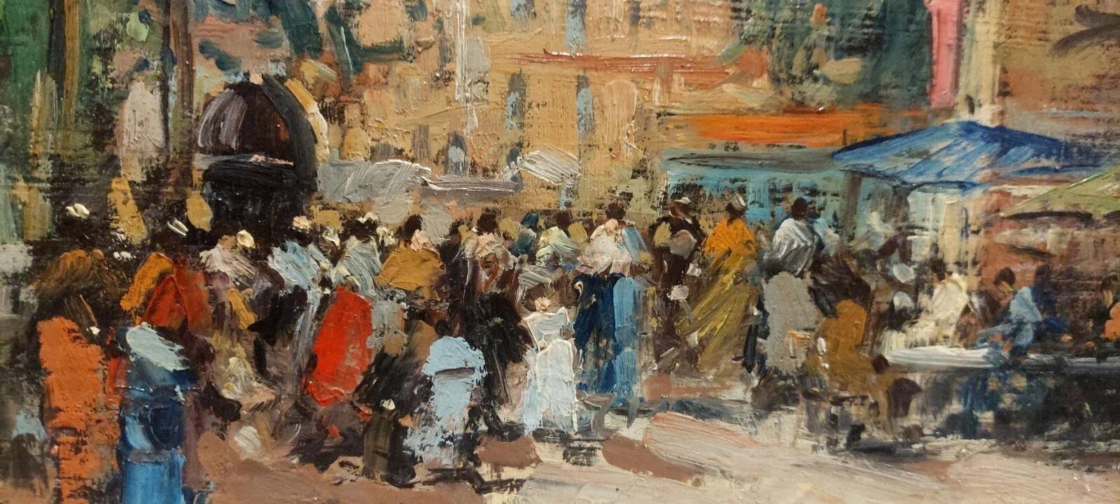 Huile sur panneau, Scène de marché, Francesco di Marino Naples 1892-1954